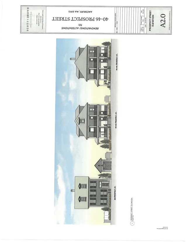 Colored architectural elevation sheet showing multiple Prospect Street façade views for 38-40 Prospect Street, including front and side elevations of the proposed houses. The sheet is rotated and includes a title block and four exterior elevations.