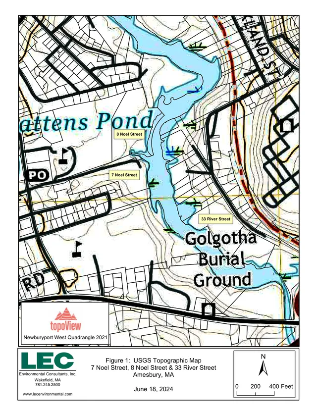 USGS topographic map showing the project area around 7 Noel Street, 8 Noel Street, and 33 River Street in Amesbury, MA, with the Powwow River and nearby streets labeled. A north arrow, scale bar, and consultant/title block appear at the bottom.