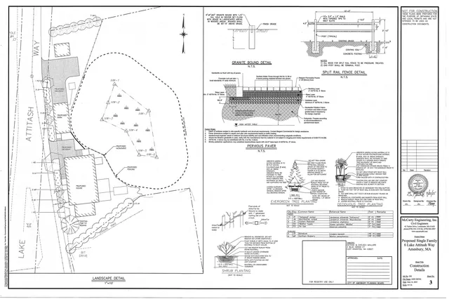 Black-and-white construction details sheet showing a landscape detail plan for the proposed house, driveway, fencing, and planting areas at 6 Lake Attitash Way, along with granite bound, split rail fence, paver, and tree/shrub planting details. The sheet is a technical civil/landscape drawing rather than a rendering.