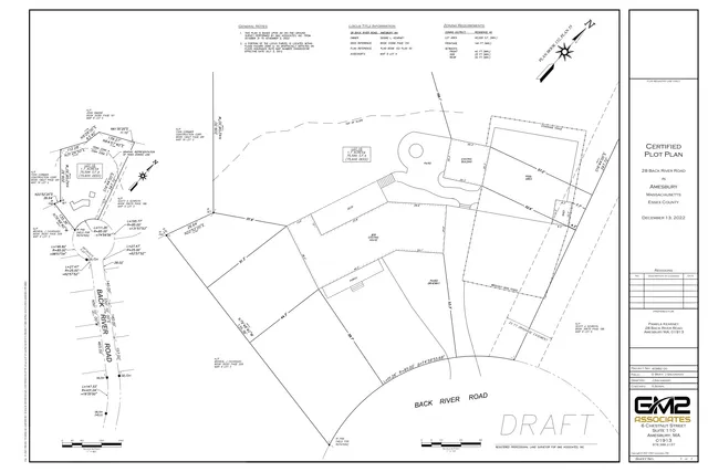 Certified plot plan for 28 Back River Road in Amesbury, Massachusetts, showing the lot boundaries, existing building and house footprint, driveway, patio, deck, easements, setbacks, and nearby Back River Road frontage.