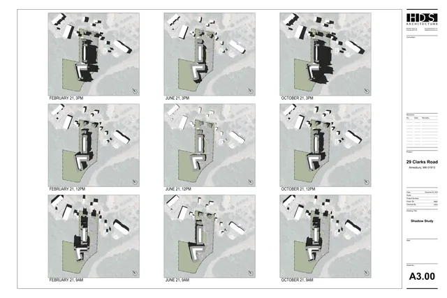 Sheet of shadow study diagrams showing the proposed building massing over an aerial/site plan at three times of day (9 AM, 12 PM, 3 PM) for February 21, June 21, and October 21. Each panel shows the project footprint and cast shadows across the site and nearby surroundings.