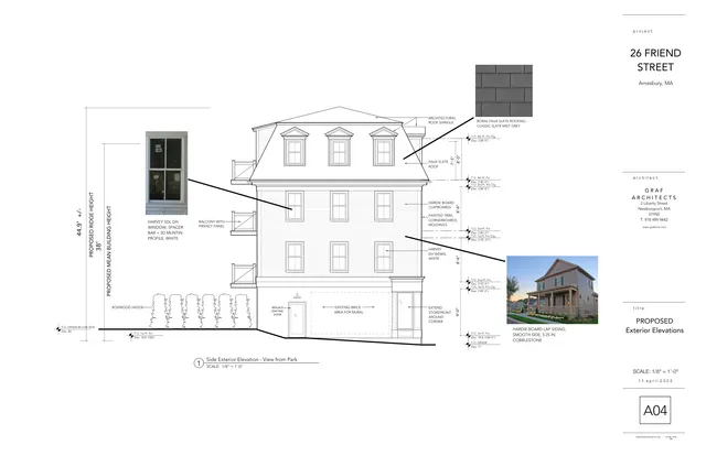 Proposed side exterior elevation for 26 Friend Street, viewed from the park, showing a three-story residential building with dormers, porch, siding, and material callouts. The sheet also includes inset material images and a small perspective rendering/photo of the proposed building.