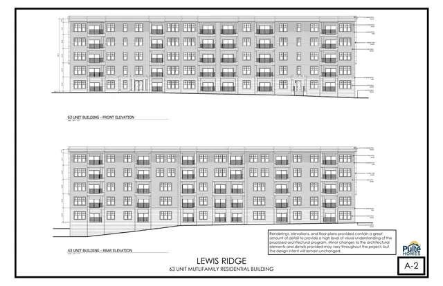Architectural elevation sheet showing the front and rear facades of the proposed 63-unit multifamily residential building at Lewis Ridge. The drawings depict a long four-story building with repetitive window and balcony bays, horizontal siding, and grade lines.