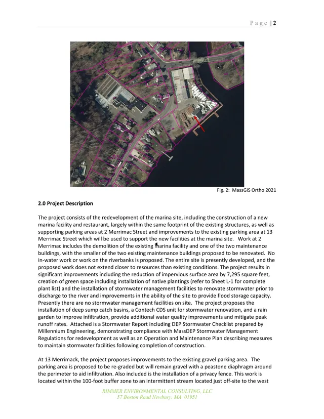 A MassGIS ortho aerial view of the marina and surrounding parcels near Merrimac Street, with magenta parcel boundaries and a red arrow highlighting the project area. Project description text appears below the image.