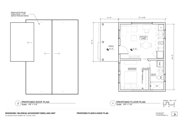 Proposed floor and roof plan for an accessory dwelling unit, showing a small one-bedroom layout with kitchen/living area, bath, porch, and roof footprint dimensions. The sheet also includes room furniture symbols, door swings, and basic notes at 1/4" = 1'-0" scale.