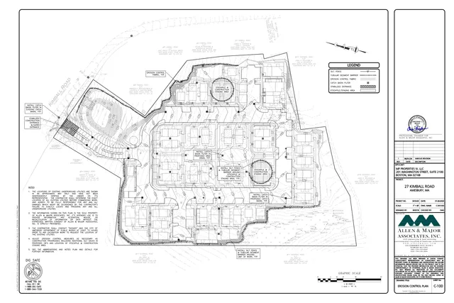 Erosion control plan for the 27 Kimball Road project site, showing the overall site layout with proposed building footprints, grading contours, stockpile/staging areas, and erosion control measures such as silt fence and sediment barriers. The sheet includes a legend, notes, and the project title block along the right side.