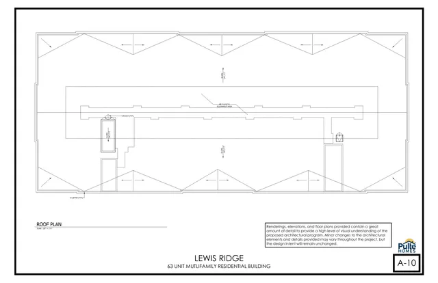 Roof plan for the Lewis Ridge 63-unit multifamily residential building, showing the roof geometry, slopes, scuppers, and mechanical equipment area.
