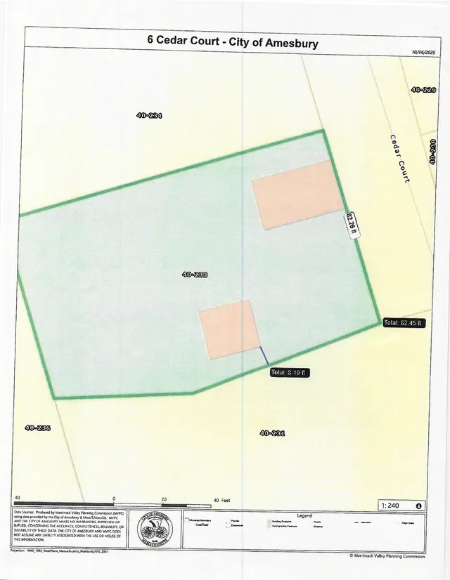 A parcel map/site plan for 6 Cedar Court showing the property boundaries, surrounding lots, building footprints, and lot area measurements. The plan is oriented at a slight angle and includes a scale bar and legend at the bottom.