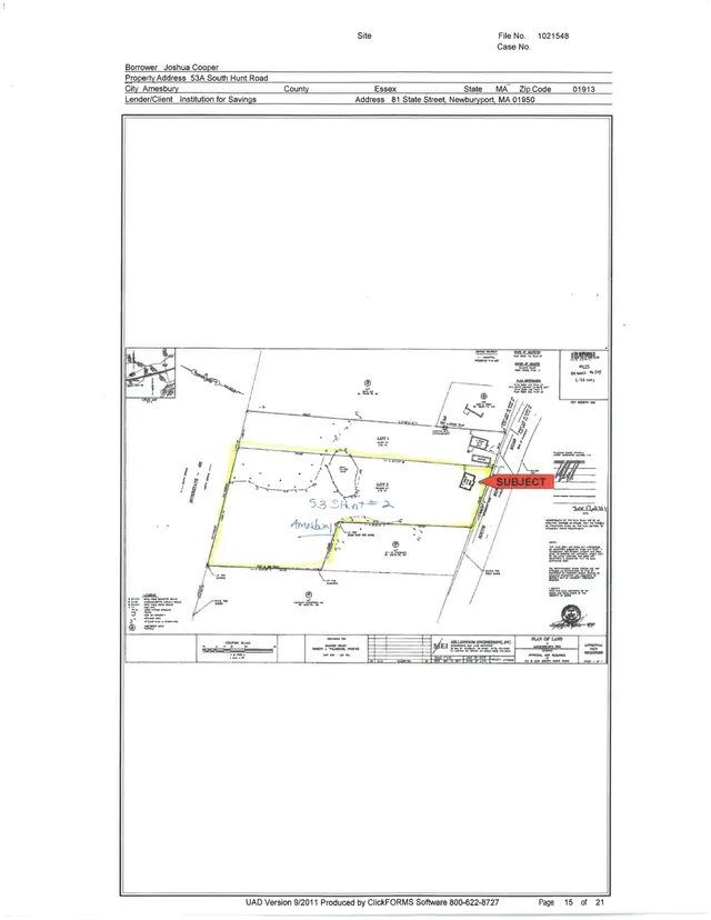Plan view of the property at 53 South Hunt Road in Amesbury, showing the subject parcel outlined in yellow on a surveyed lot layout with nearby boundaries, road frontage, and reference notes. The sheet includes a small location inset and a large mostly blank upper area, with the main map concentrated in the lower half.