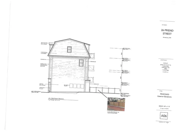 Side exterior elevation of the proposed building for 26 Friend Street, showing the clapboard façade, roof form, windows, and rear entry/fence details. A small inset photo at the lower right references the proposed trash/recycling area screening.