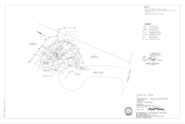 Plan view of the land at 3 Erin Road in Amesbury, Massachusetts, showing the property boundaries, existing contours and wetlands, adjacent roads, and proposed erosion-control measures and silt sock locations. The sheet also includes notes, a legend, and project title block information.