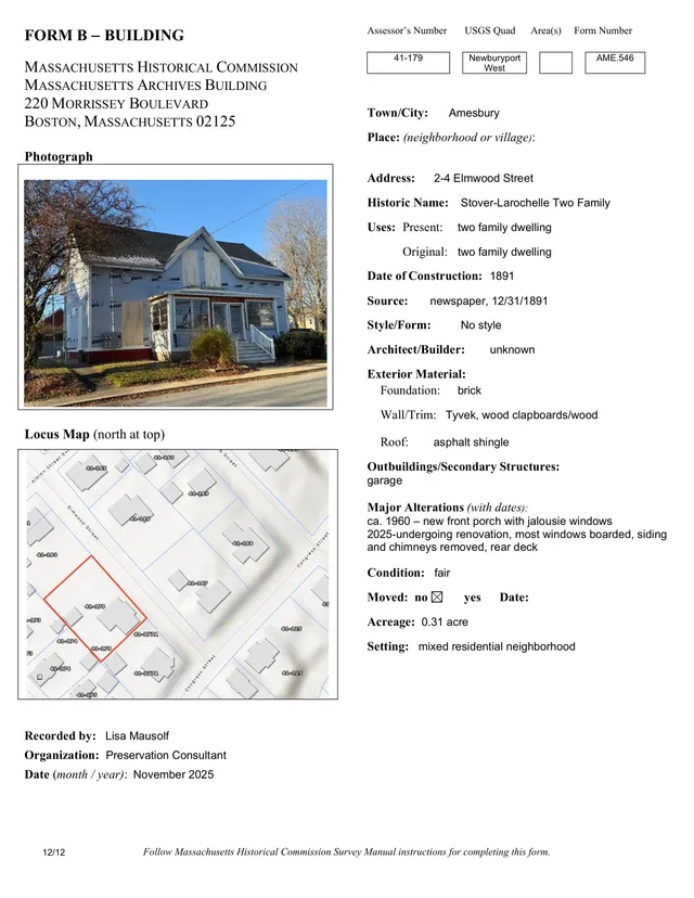 A scanned Massachusetts Historical Commission Form B page for 2–4 Elmwood Street in Amesbury, showing a current-condition exterior photograph of the house and a locus map, along with property details and alteration notes.