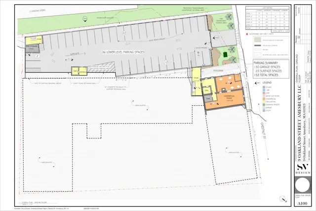Ground floor overall site plan for the Oakland Street Lofts project, showing the building footprint, parking layout, circulation, landscaping, and adjacent Chestnut Street/Oakland Street context.