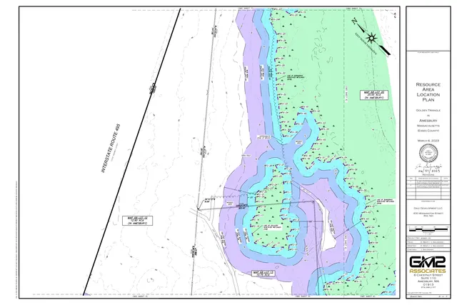 Colored resource area location plan showing property boundaries, wetland/resource area buffers, contours, and labeled survey points for the Golden Triangle site in Amesbury. The right-hand title block identifies the sheet as a resource area location plan dated March 6, 2023.