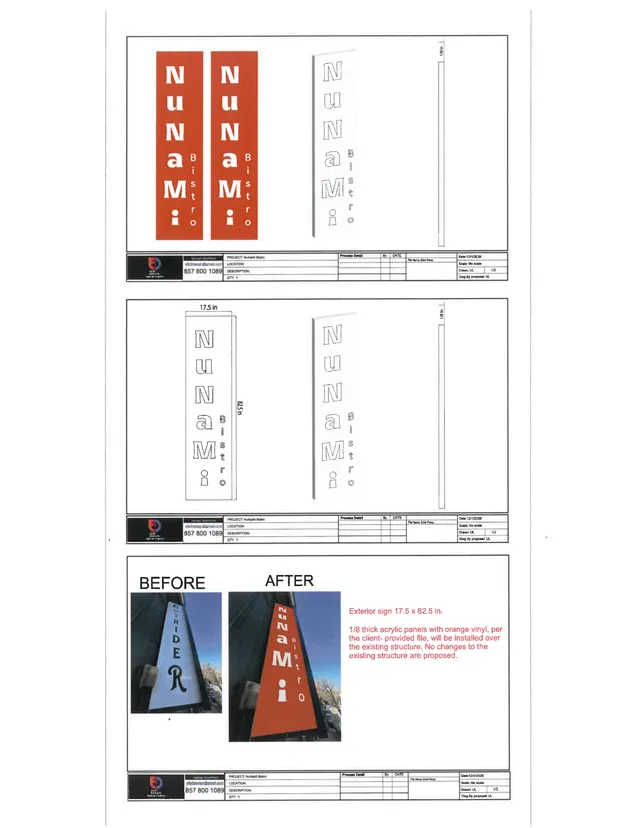 A sign application sheet showing proposed vertical exterior sign graphics for "NuNaMi Bistrot," including colored mockups, line drawings with dimensions, and a before-and-after photo of the existing sign location.