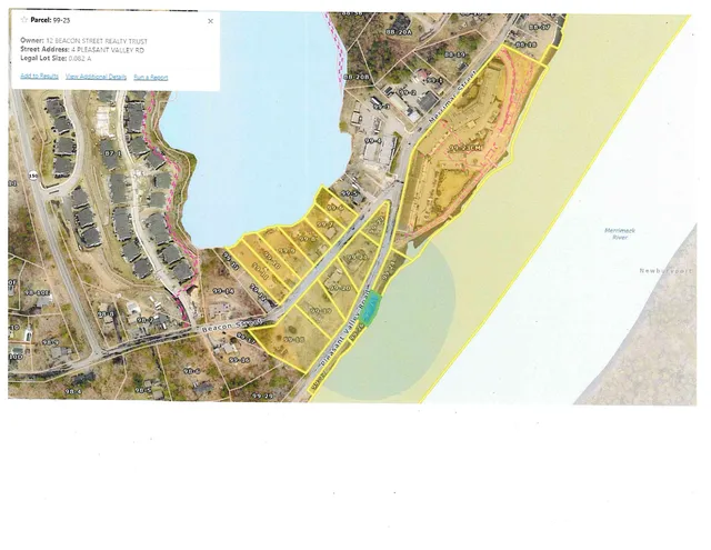 Aerial map view showing parcels around Pleasant Valley Road and Beacon Street near the Merrimack River, with property boundaries highlighted in yellow and a parcel information popup for 4 Pleasant Valley Rd in the upper left.