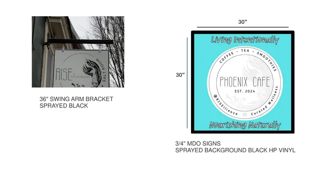 Proposed Phoenix Cafe sign design sheet showing a photo mockup of a hanging sign on the building at left and a colored square sign face layout at right with dimensions and materials notes.