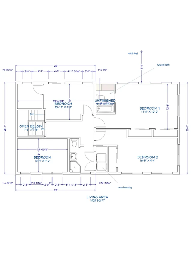 Second-floor floor plan showing three bedrooms, an open-below stair area, a future bath, a new laundry area, and the overall living area layout with dimensions.