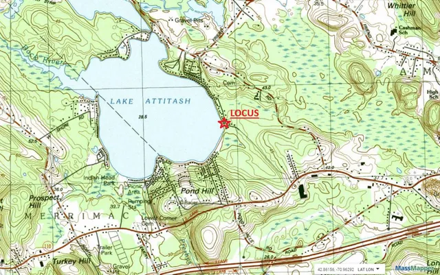 Topographic map of the Lake Attitash area in Amesbury, Massachusetts, with the project locus marked in red near the shoreline on the east side of the lake.