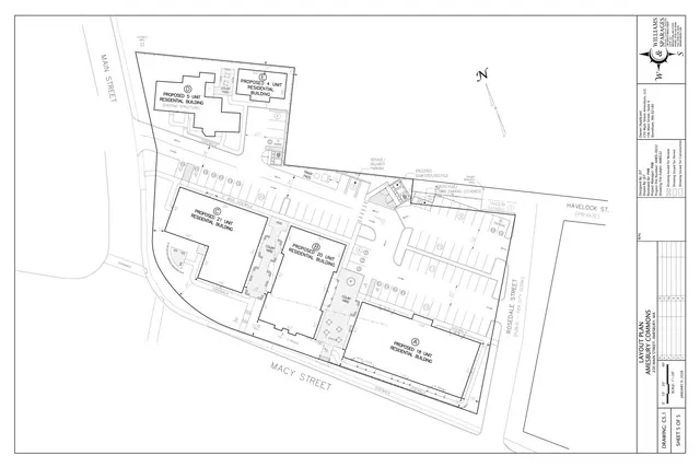 Plan view layout of the proposed Amesbury Commons development at 230 Main Street, showing four residential buildings, parking areas, sidewalks, courtyards, service/delivery parking, dumpster/recycle enclosure, and access from Main Street, Macy Street, Rosedale Street, and Havelock Street.