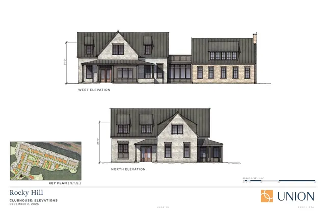 Architectural elevation sheet showing the proposed clubhouse west elevation and north elevation, with a small key plan inset at lower left. The elevations depict the building’s exterior massing, roof forms, windows, and entry porches.