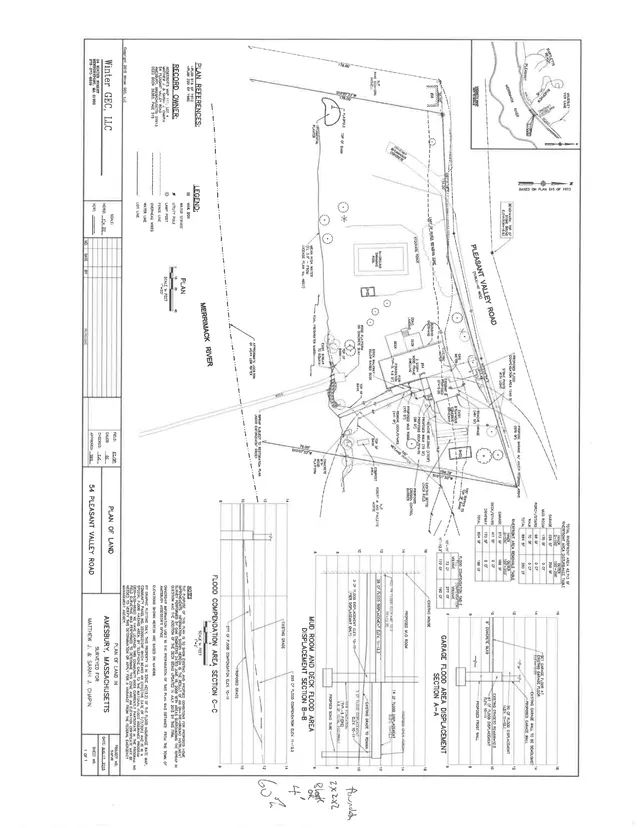 A detailed plan of land for 54 Pleasant Valley Road showing the property boundary, Merrimack River frontage, existing house and garage, proposed mud room and deck flood displacement, and several flood compensation/flood area sections. The sheet also includes inset location maps, legend notes, and table summaries of flood area calculations.