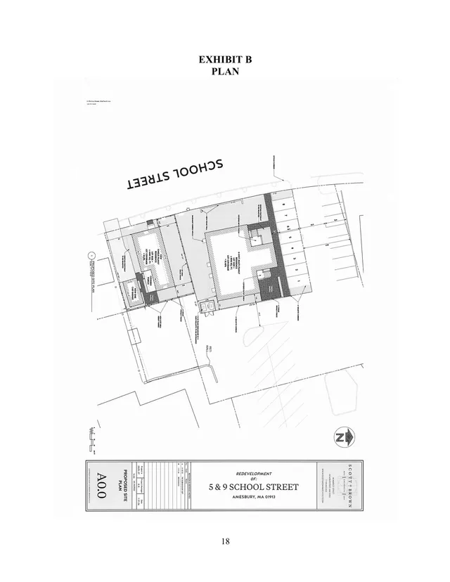 Proposed site plan for the redevelopment of 5 & 9 School Street in Amesbury, showing the building footprints, parking layout, driveway access, setbacks, and surrounding street and lot lines.