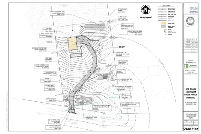 Operation and maintenance site plan for a 5-bedroom single-family dwelling at 31 Newton Road, showing the building footprint, driveway, grading contours, stormwater drainage features, wetland flags, and landscaped areas. The plan includes labeled BMPs such as catch basins, roof drains, a recharge system, swales, riprap spillways, and a constructed wetland area.