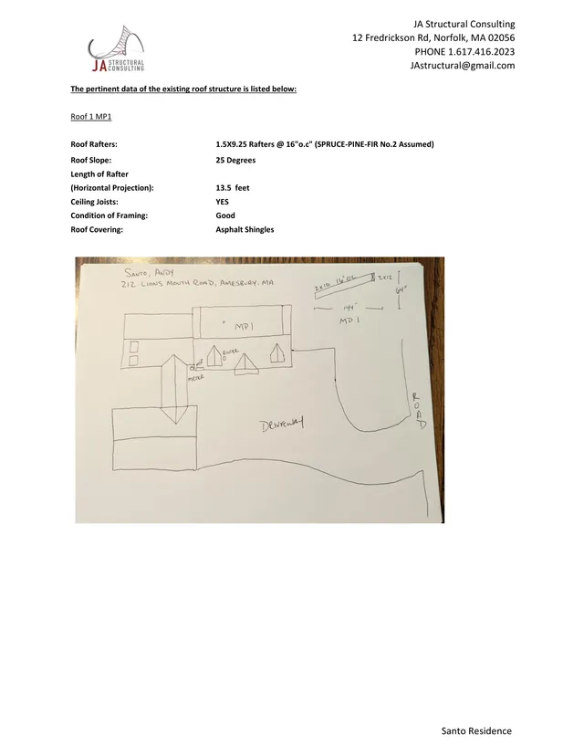 A structural consulting report page listing existing roof structure data for Roof 1 MP1, including rafter size, roof slope, rafter length, framing condition, and roof covering. The lower half shows a hand-drawn sketch of the roof layout and site notes for 212 Lions Mouth Road, Amesbury, with driveway and road marked.