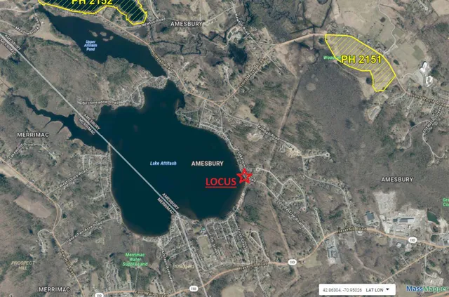 Annotated satellite map of Amesbury and surrounding areas showing Lake Attitash, nearby roads, and the project locus marked with a red star and label. Yellow hatched parcels labeled PH 2151 and PH 2152 are also highlighted.