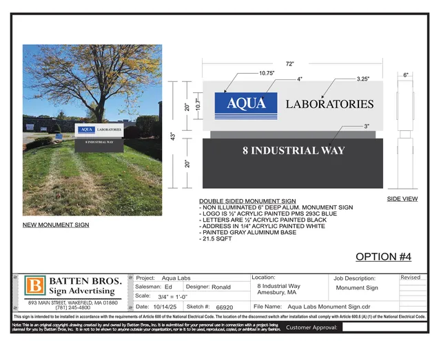 Presentation sheet for a proposed double-sided monument sign for Aqua Laboratories at 8 Industrial Way. It includes a photo mockup of the sign in the landscape and a colored front view with dimensions, materials notes, and a side view.