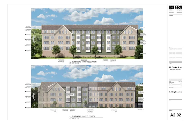 Architectural presentation sheet showing two full-color exterior renderings of Building C2: the south elevation on top and the east elevation on bottom. Each view depicts a four-story apartment building with gabled roof sections, mixed beige and green siding, brick base, and landscaped surroundings under a blue sky.