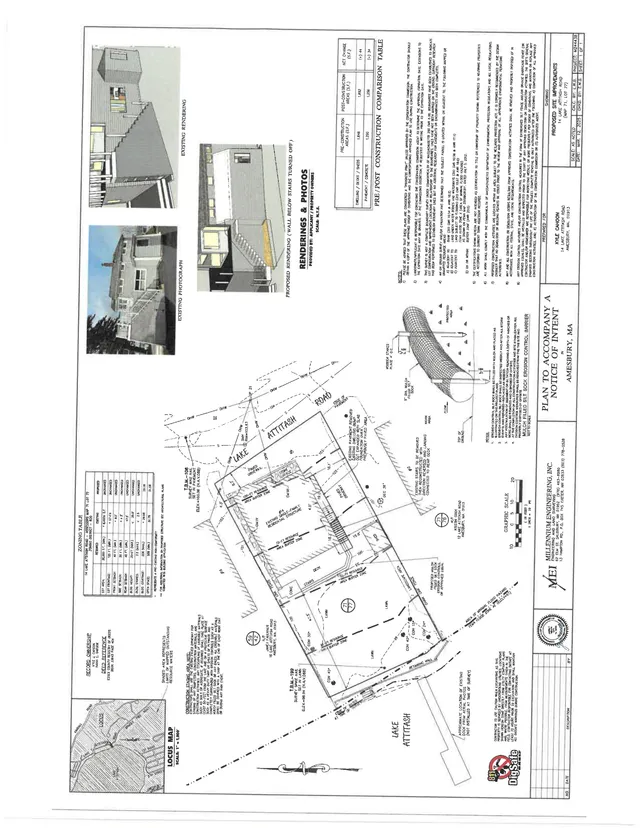 A plan sheet for 14 Lake Attitash Road showing the proposed site layout and shoreline/stormwater details, with small inset images of the existing house photograph and a proposed rendering. The page also includes a zoning table, notes, and a locus map.