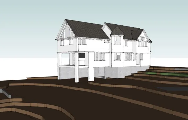 Perspective architectural rendering of the proposed house, shown from an exterior front-right angle with the building set into stepped site grading/terracing.