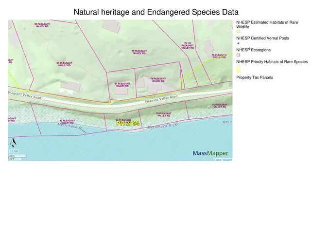 A MassMapper natural heritage and endangered species data map centered on 81 Pleasant Valley Road, showing parcel boundaries, nearby property labels, and NHESP habitat overlays along Pleasant Valley Road and the Merrimack River.