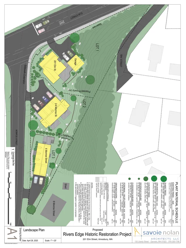 Landscape plan for the proposed Rivers Edge Historic Restoration Project at 201 Elm Street, showing the site layout, building footprints, parking, planting areas, grading contours, and adjacent streets including Elm Street, Bay Street, Monroe Street, and a sidewalk extension.