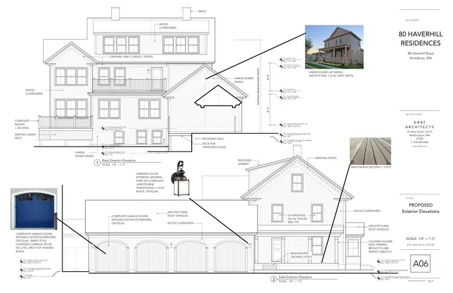 Proposed exterior elevations for 80 Haverhill Residences, showing the rear and side views of the building with labeled materials and dimensions. Small inset images illustrate exterior finishes such as siding, decking, and garage door style.