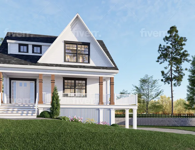 Full-color exterior architectural rendering of a proposed house, shown from a front-left street-level perspective. The view highlights a steep front gable, covered porch with white railings and wood posts, large black-trimmed windows, and landscaped surroundings.