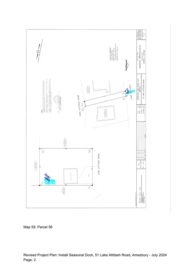 A plan sheet showing the property at 51 Lake Attitash Road with a proposed seasonal dock layout along the shoreline, including lot boundaries, nearby structures, and reference notes. The page also includes map inset sketches and a title block for the revised project plan.