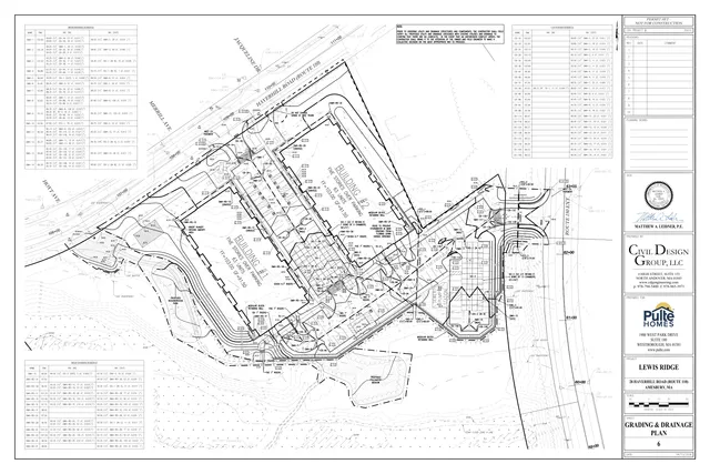 Grading and drainage plan for the Lewis Ridge project at 28 Haverhill Road in Amesbury, showing proposed building footprints, parking areas, retaining walls, drainage structures, contours, and utility/stormwater details across the site.