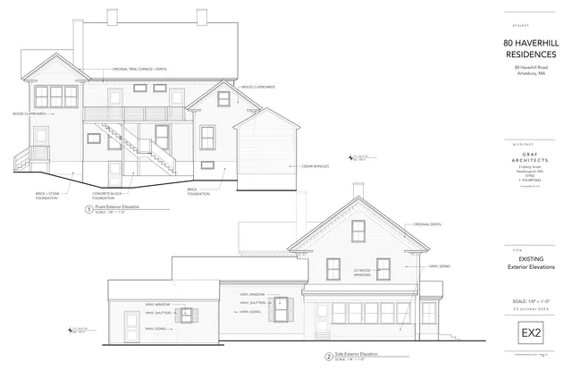 Architectural sheet showing the existing exterior elevations of the 80 Haverhill Road residence, including front and side views with labeled materials and roof forms.