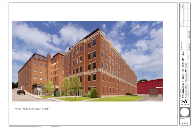 Perspective rendering of the proposed Oakland Street Lofts from Chestnut Street, showing the multi-story brick building with a corner view, windows, and streetscape foreground under a partly cloudy sky.