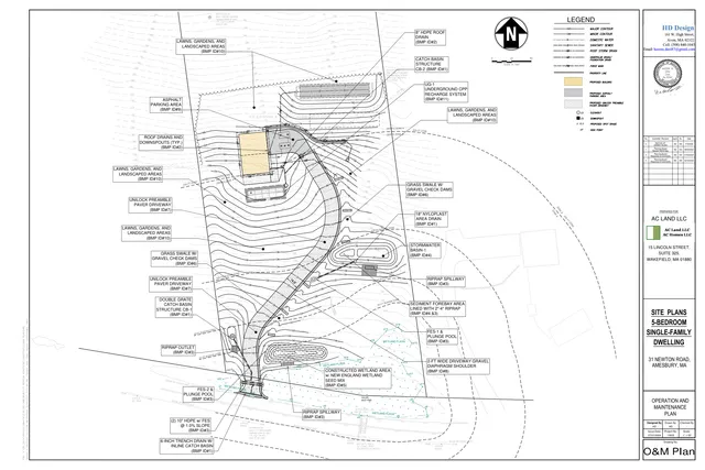 Operation and maintenance site plan for a 5-bedroom single-family dwelling at 31 Newton Road, Amesbury, showing the proposed building footprint, driveway, stormwater/BMP features, contours, wetlands, and landscaped areas with callouts and legend.