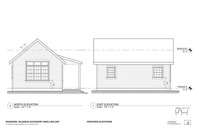 Black-and-white architectural elevation drawings of the proposed accessory dwelling unit, showing the north elevation on the left and the east elevation on the right with window and roof details.