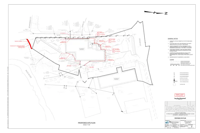 Proposed site plan for 25 Cedar St. showing the building footprint, property boundaries, existing site features, and stormwater/drainage improvements labeled in red. The plan includes notes, a legend, north arrow, and scale.
