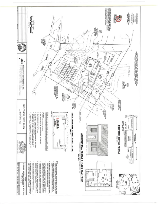 A proposed site plan for 233 Lions Mouth Road showing the lot layout, driveway, septic tank and leaching field, grading/contour lines, and utility notes. The sheet also includes small architectural profile, floor plan, septic tank detail, and locus map diagrams.