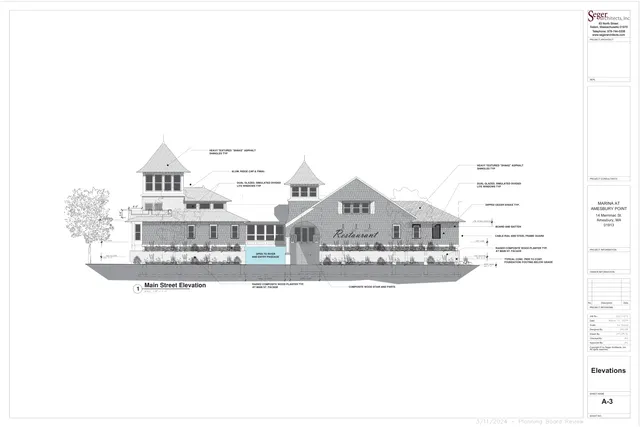 Architectural elevation drawing labeled "Main Street Elevation" showing the proposed Marina at Amesbury Point restaurant/building façade, with rooflines, windows, materials, and entry passage callouts.