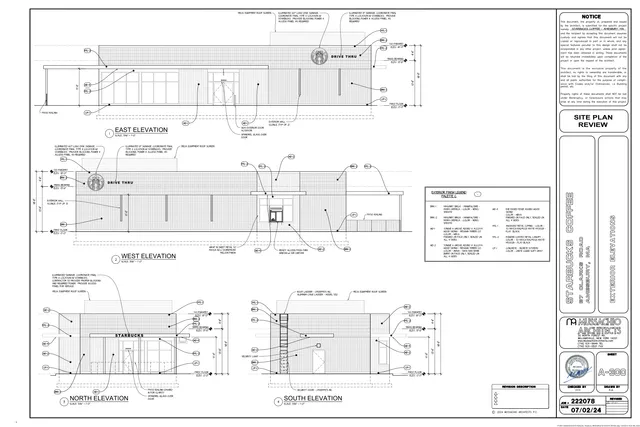 Architectural elevation sheet showing the proposed Starbucks building from the east, west, north, and south sides, with exterior material notes and signage callouts. The page also includes a finish legend and title block for the site plan review set.