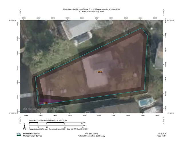 A USDA Web Soil Survey map showing hydrologic soil groups over an aerial base for the 4 Lake Attitash Road site, with the parcel boundary outlined and soil units labeled.
