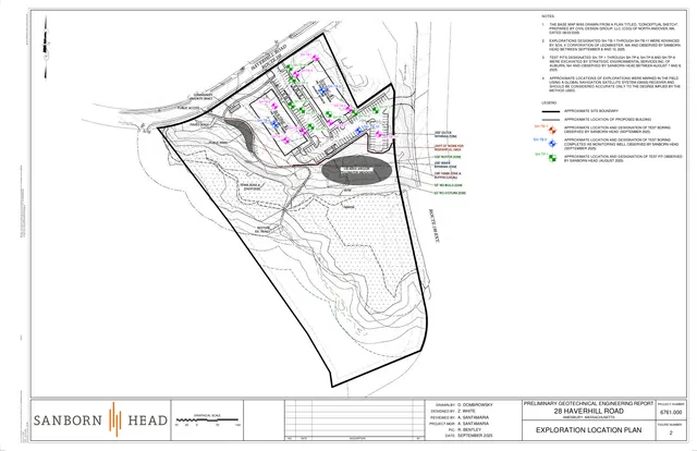 Exploration location plan for 28 Haverhill Road showing the approximate site boundary, proposed building footprint, test boring and test pit locations, buffer zones, and wetland/riparian resource area delineations.